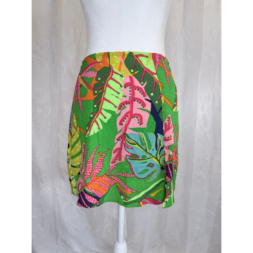 Olivaceous Tropical Print Mini Skirt Green Pink Monstera Leaf Rayon Small NWT